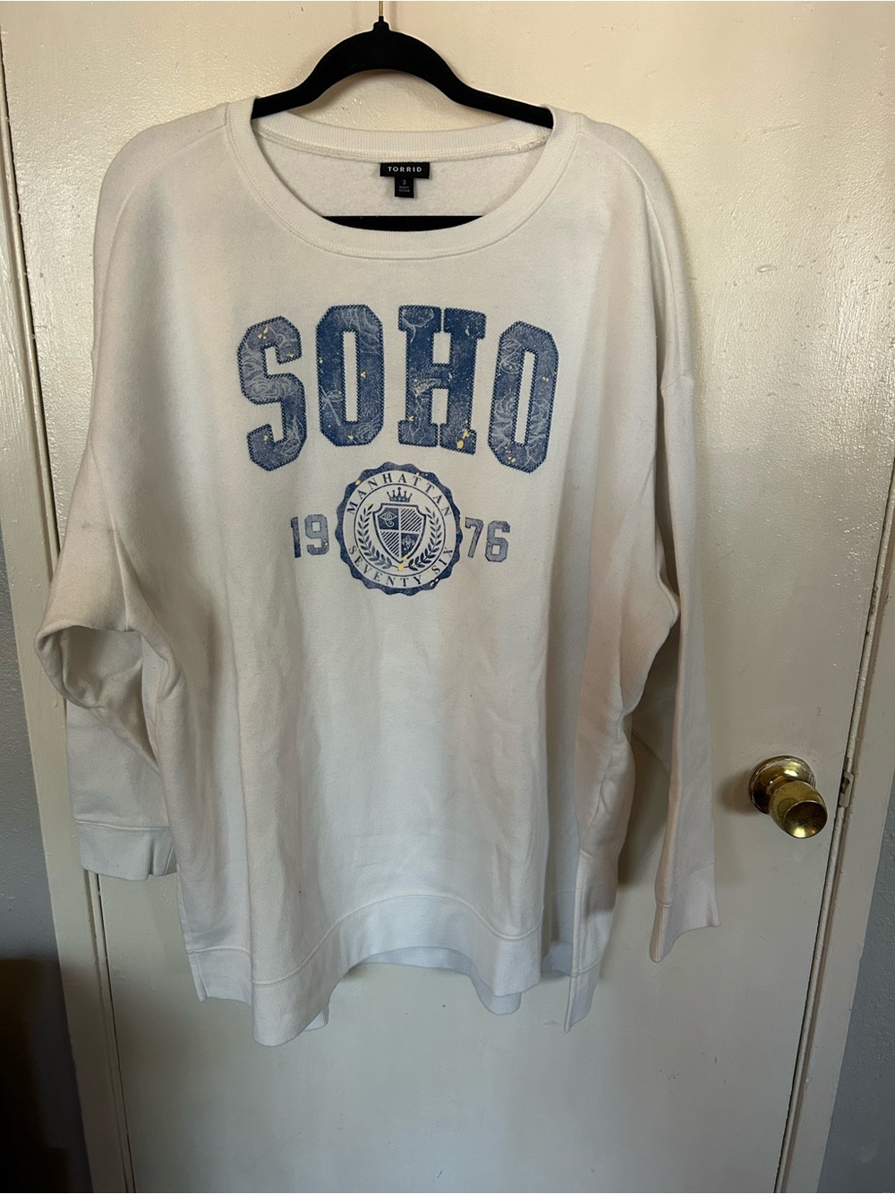torrid Cream Crewneck Sweatshirt with Blue SOHO Graphic